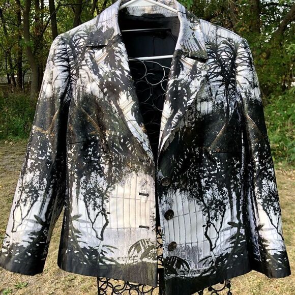 ESCADA BREANNA BLACK/WHITE ABSTRACT PRINT SILK BLAZER/JACKET M/L - Picture 10 of 12